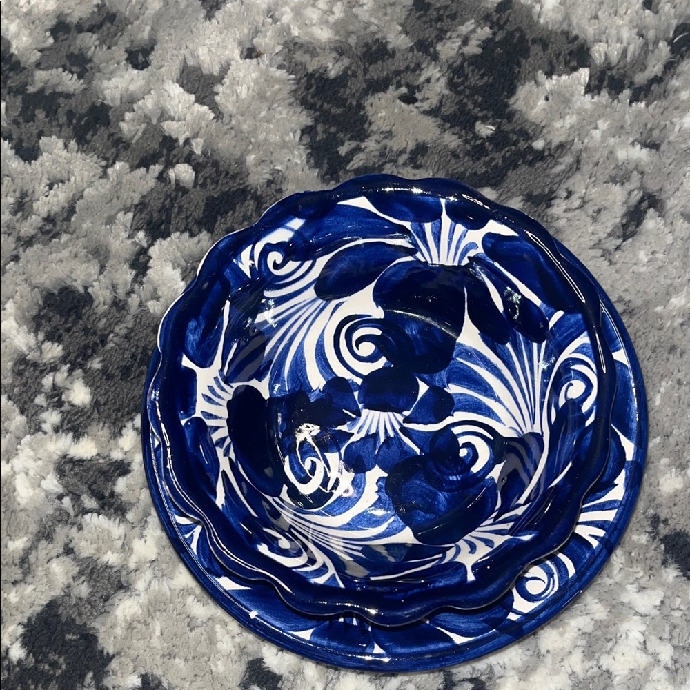 Blue and White Mexican Artistic Ceramic Bowl and Plate
